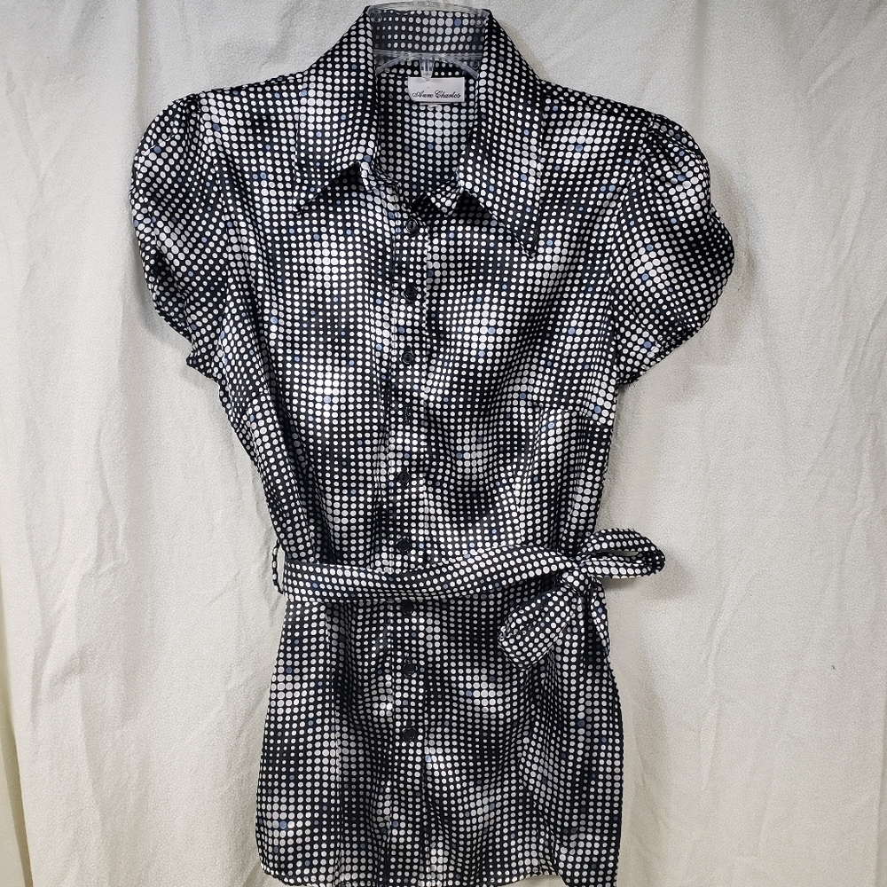 Anne Charles Blouse, Womens Medium, black printed button down silk shirt